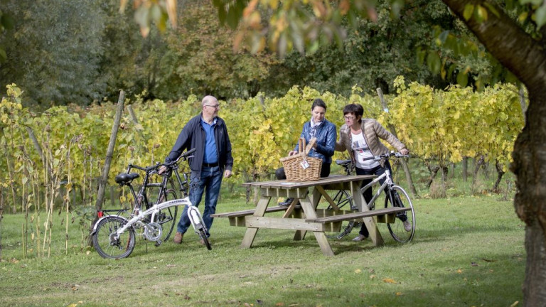 Fietsers die stoppen voor een picknick