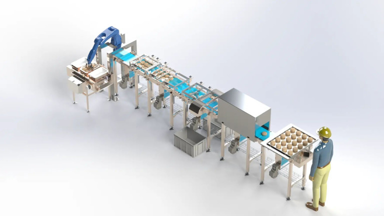 Illustratie van medewerker bij verpakkingsmachine