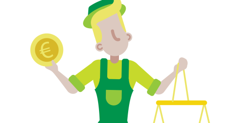Ventje met weegschaal en cent in de hand