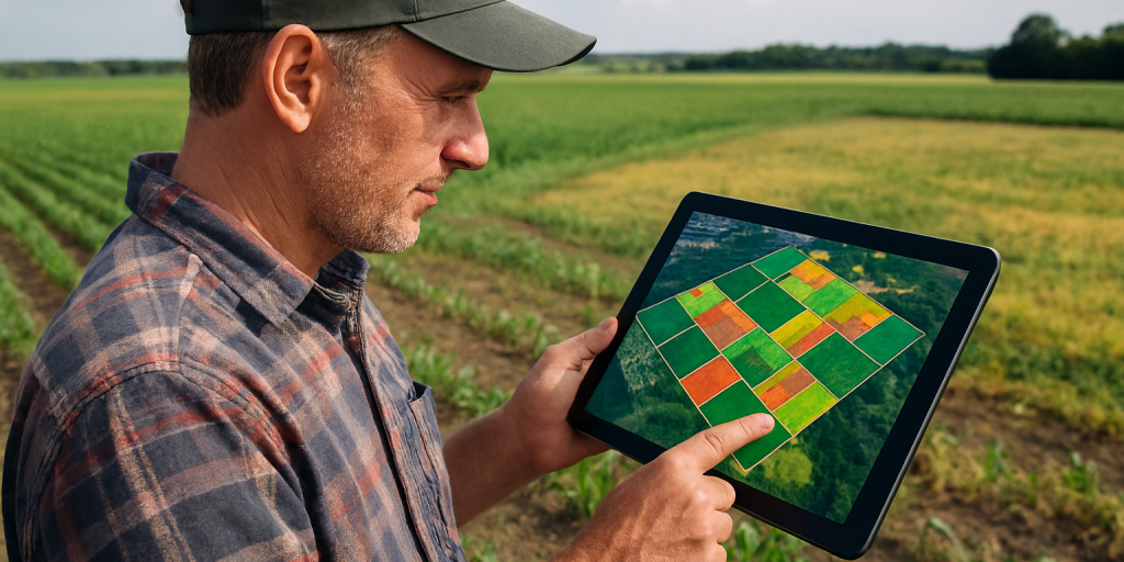 boer met een tablet die satellietbeelden bekijkt