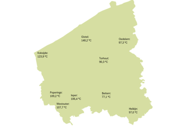 Kaart van West-Vlaanderen met aanduiding van de actuele temperatuursom in week 6