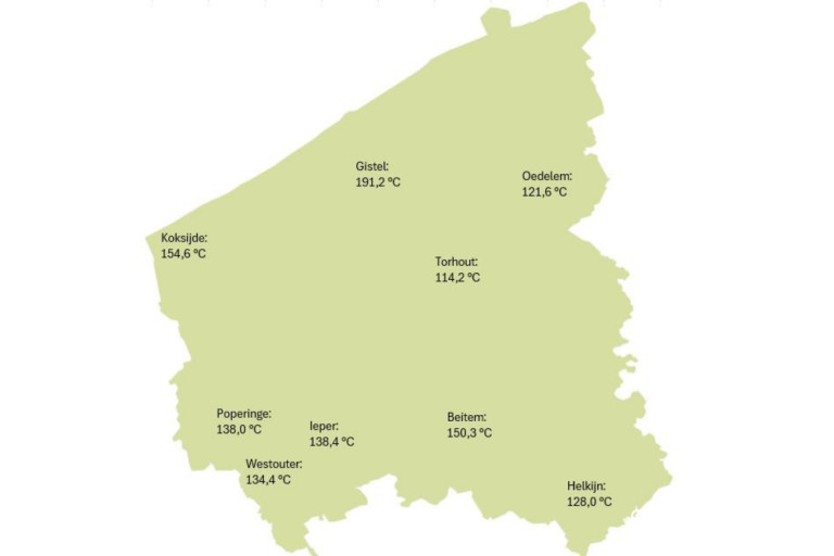 Kaart van West-Vlaanderen met aanduiding van de actuele temperatuursom in week 8