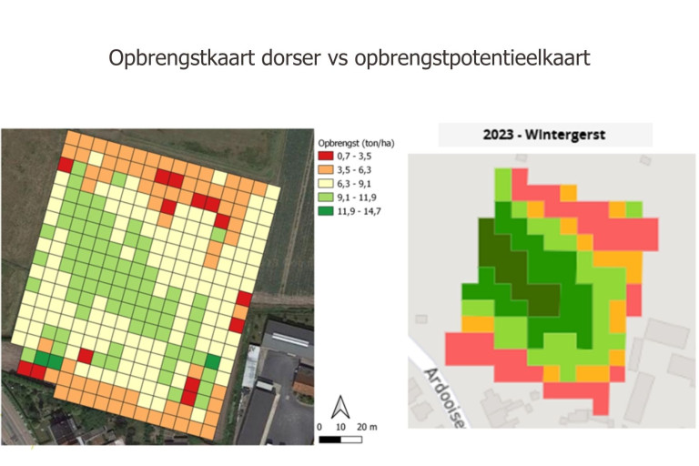 Vergelijking opbrengstkaart dorser vs opbrengstpotentieel in de tool Watchitgrow