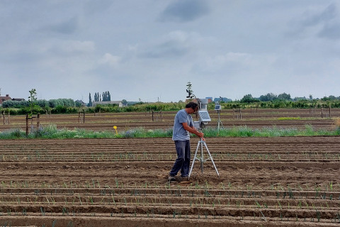 Opstellen van weerstations in de prei op het agroforestryperceel.